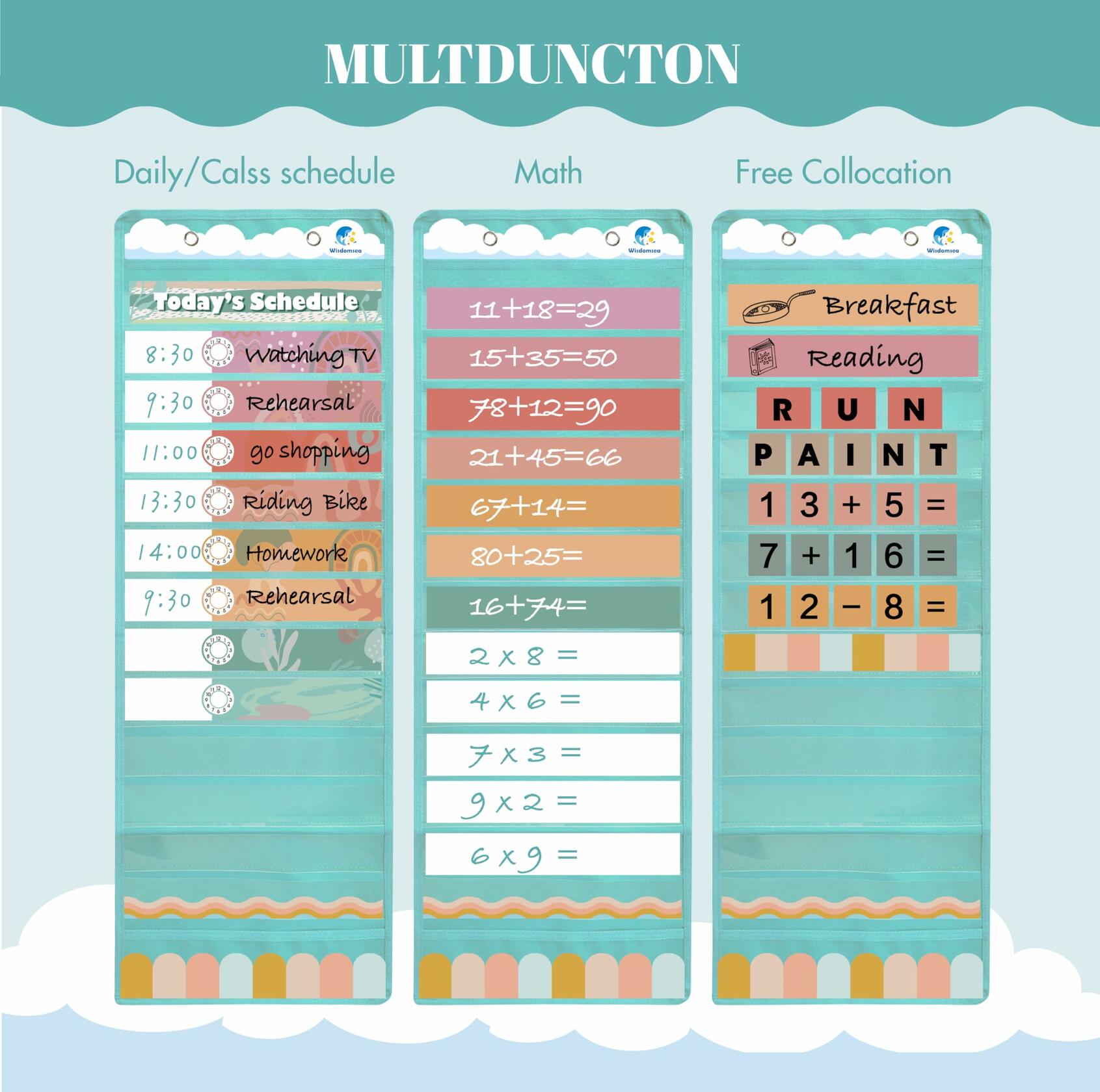 Wisdomsea Pocket Chart Classroom Blue 39 Double-Sided Erasable Cards