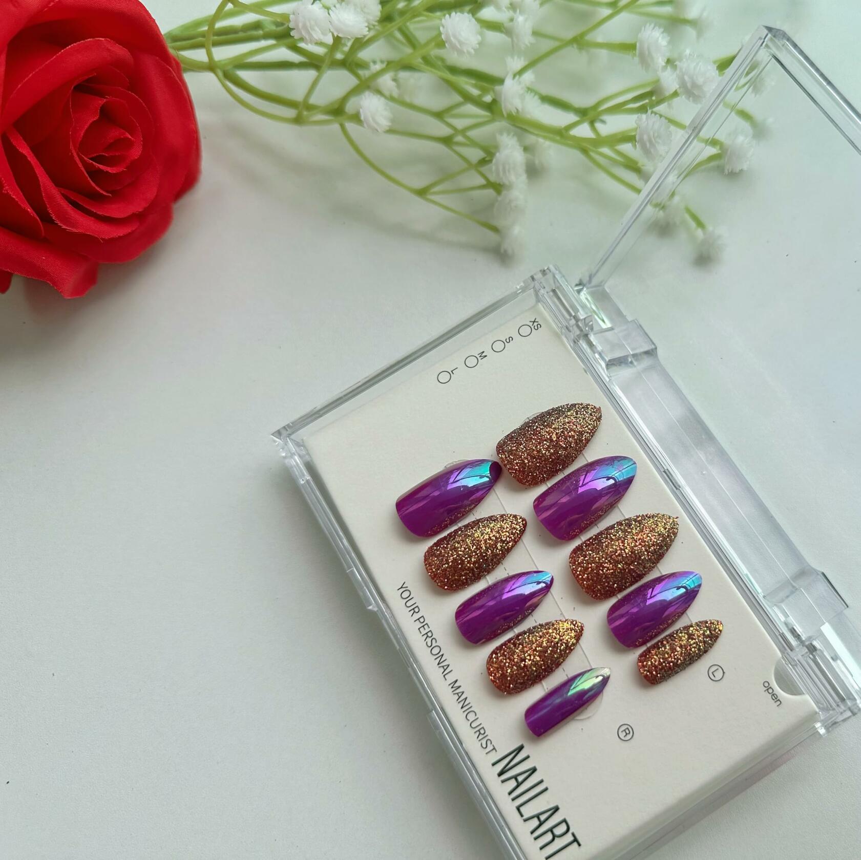 Generic Gel Press-On False Nails Set Purple Gold Glitter 10pcs