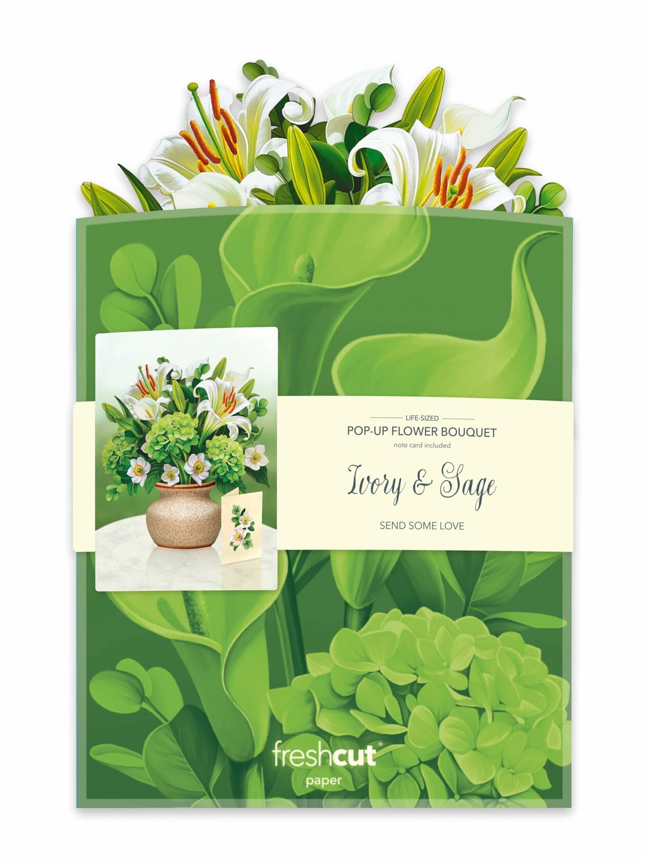Freshcut Paper 3D Pop Up Card Ivory & Sage 12" Forever Flower Bouquet