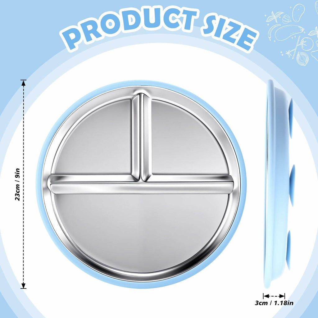 Honeydak 4Pcs Stainless Steel Toddler Plates 9" Divided Silicone Suction Morandi