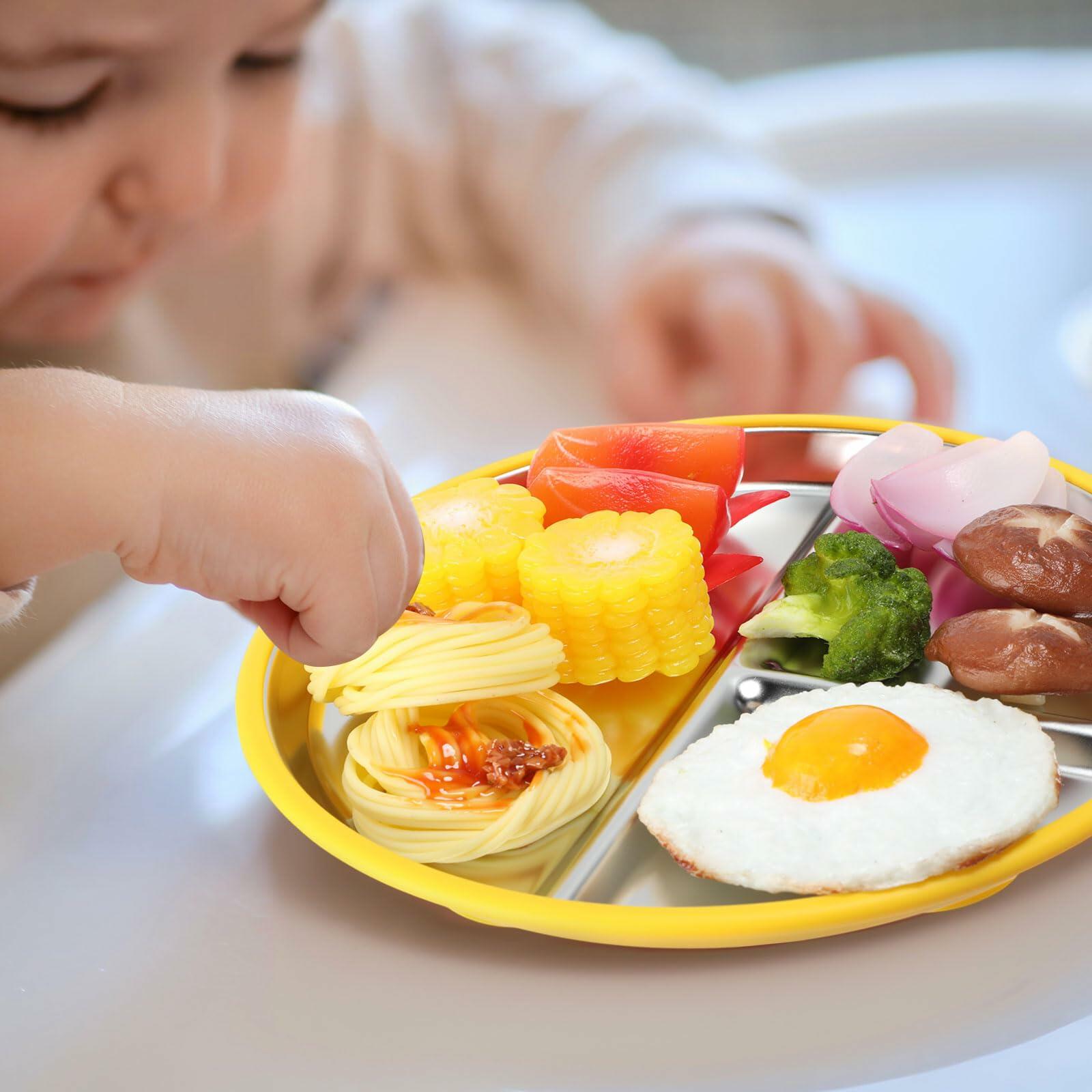 Honeydak 4Pcs Stainless Steel Toddler Plates 9" Divided Silicone Suction Morandi