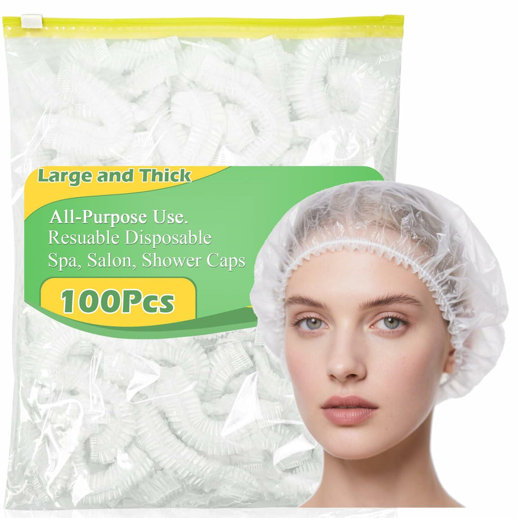 NEOWEMING 100PCS Disposable Shower Caps Thick Waterproof Clear Plastic Size L
