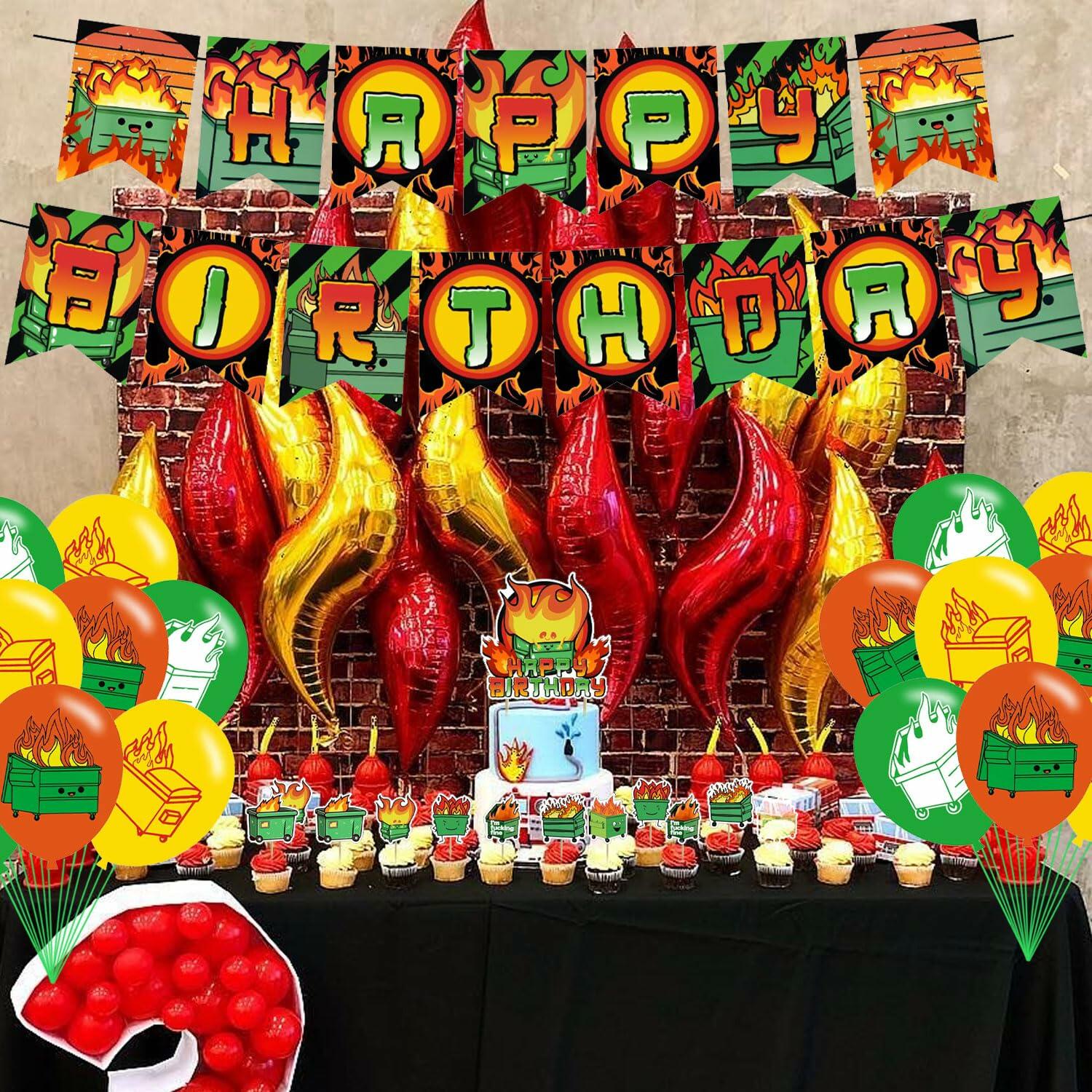 McbeAn Dumpster Fire Birthday Party Supplies Banner Cake Topper Balloons
