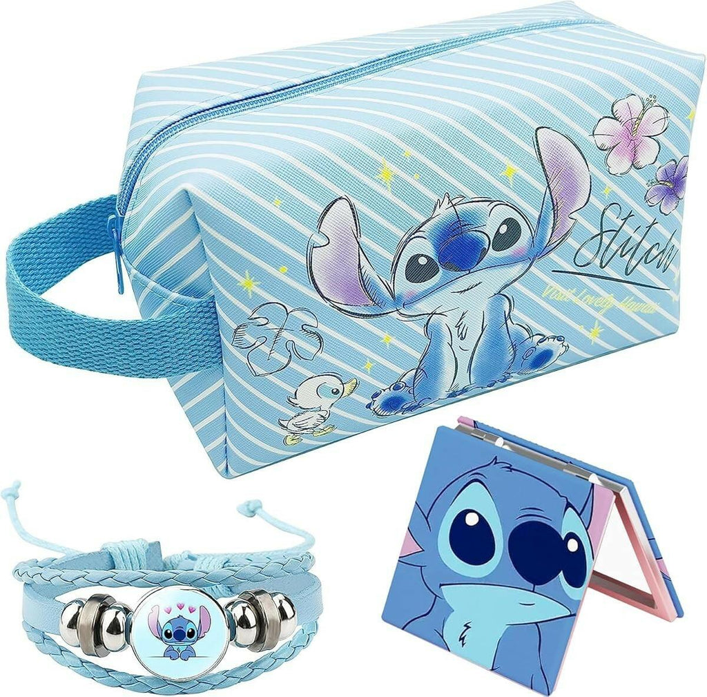 Stitch Travel Cosmetic Bag Blue Faux Leather 8.3x4x4.9in Mirror Bracelet