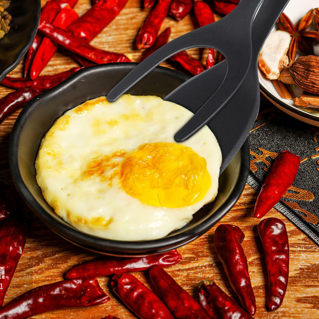 Alipis 2-in-1 Grip Flip Spatula Tongs Egg Pancake Omelet Tool Black
