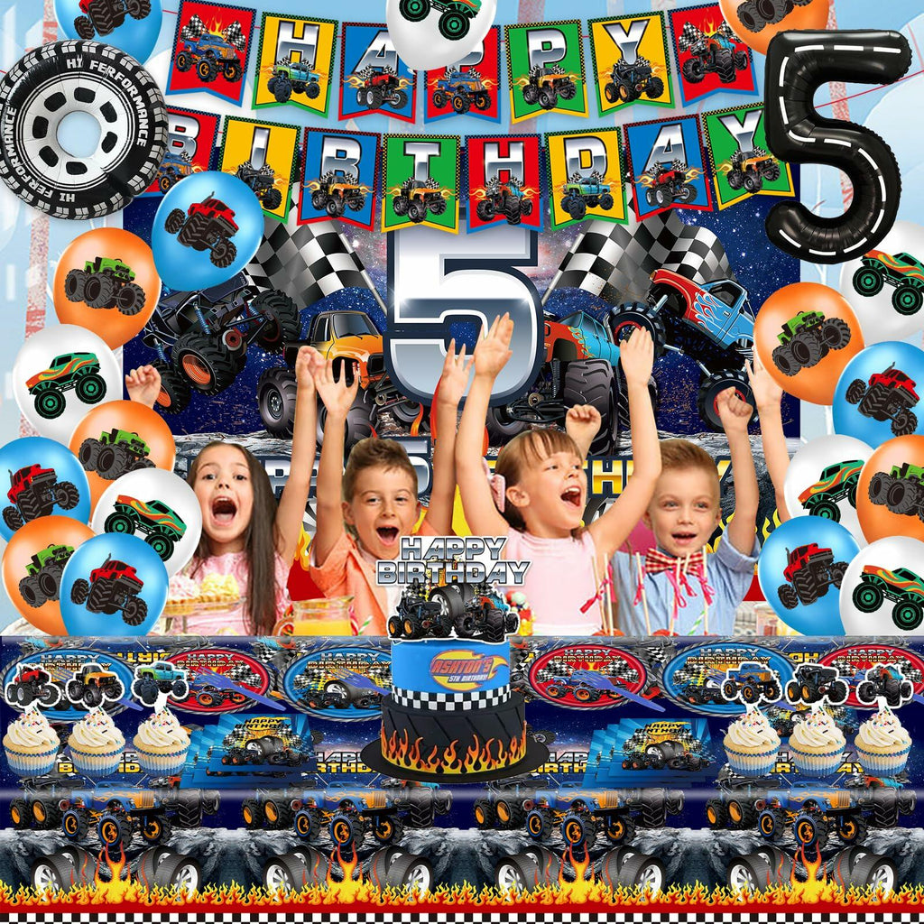[Like New] Hoywas Monster Truck Birthday Party Supplies 5th Theme Decorations Set Boys