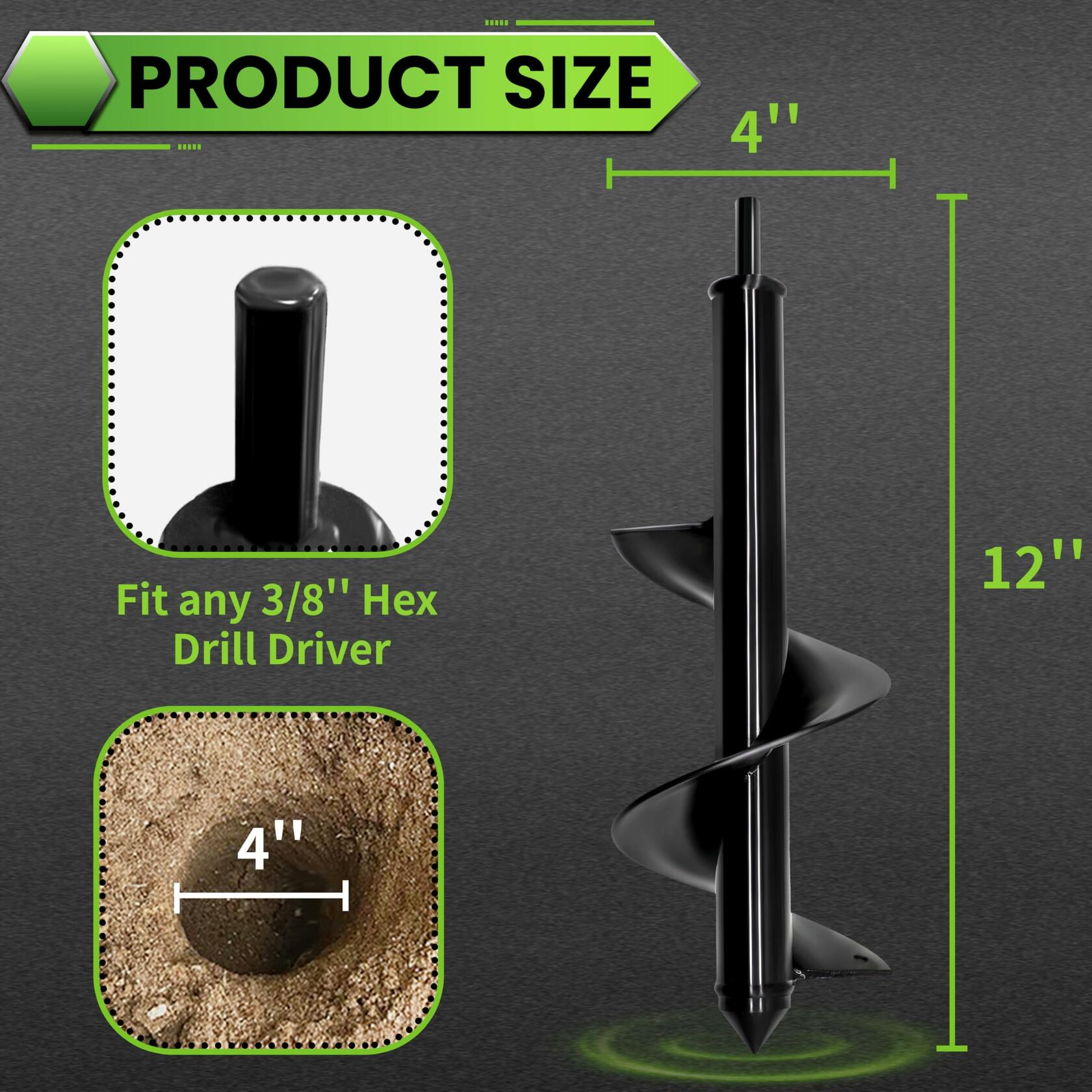 [Like New] SYITCUN 4"x12" Heavy-Duty Garden Auger Drill Bit Black 3/8" Hex Drive