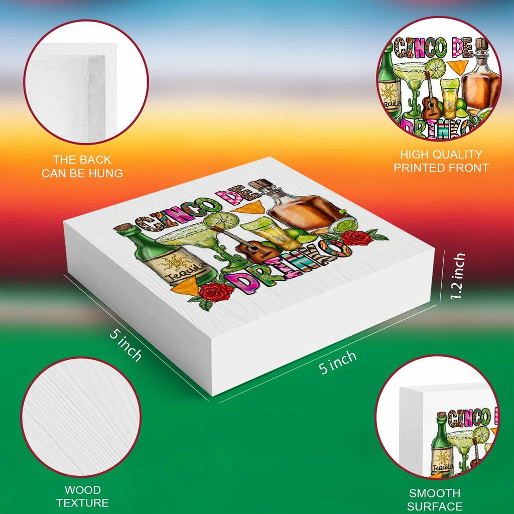 MIOOKISS Cinco De Mayo Rustic Mexican Wooden Box Sign 5x5 inch Cinco De Drinko
