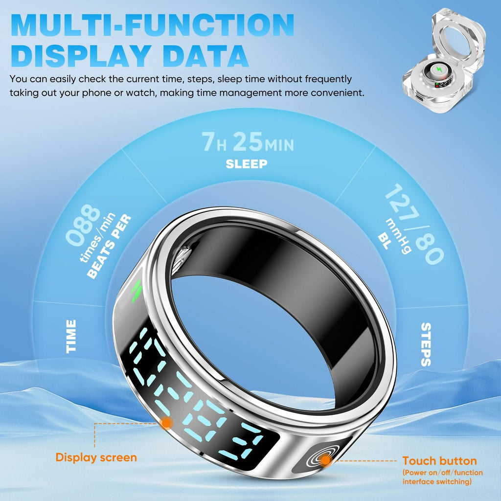 SSPATIOS Smart Ring Health LED Display Bluetooth IP68 Waterproof Silver 9#