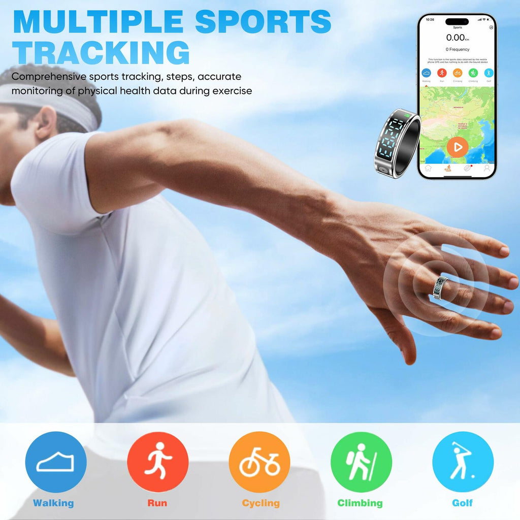 SSPATIOS Smart Ring Health LED Display Bluetooth IP68 Waterproof Silver 9#