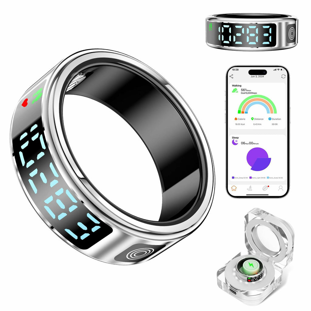SSPATIOS Smart Ring Health LED Display Bluetooth IP68 Waterproof Silver 9#