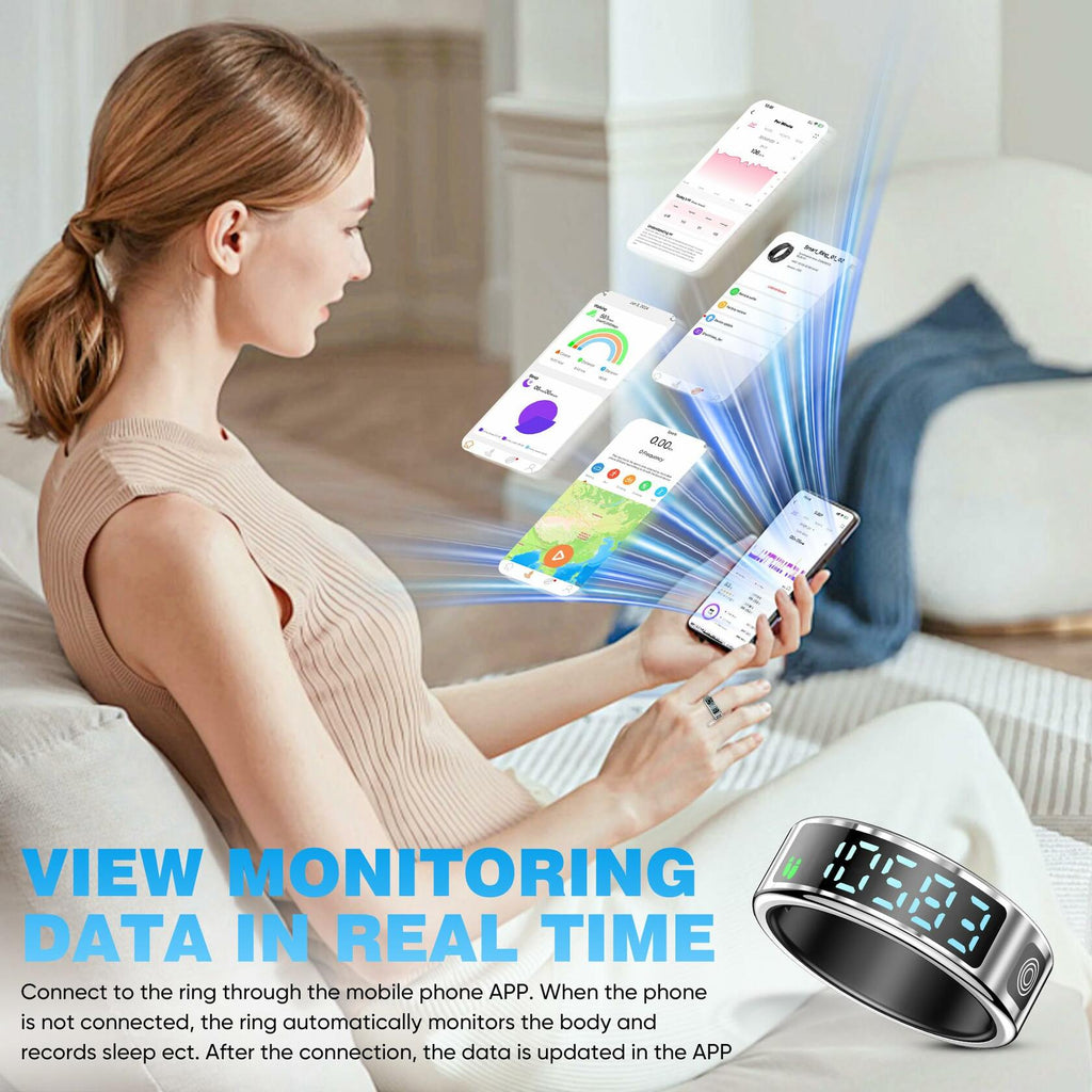 SSPATIOS Smart Ring Health LED Display Bluetooth IP68 Waterproof Silver 9#