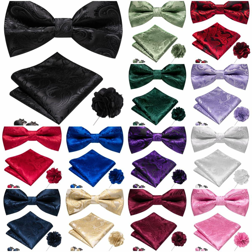RBOCOTT Champagne Paisley Bow Tie Pocket Square Lapel Pin Cufflinks Set