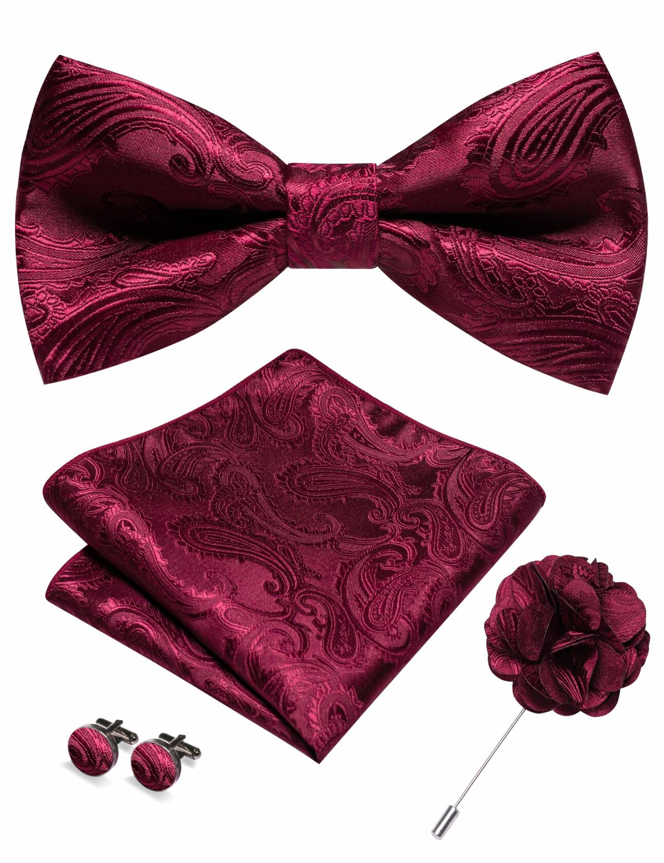 RBOCOTT Champagne Paisley Bow Tie Pocket Square Lapel Pin Cufflinks Set