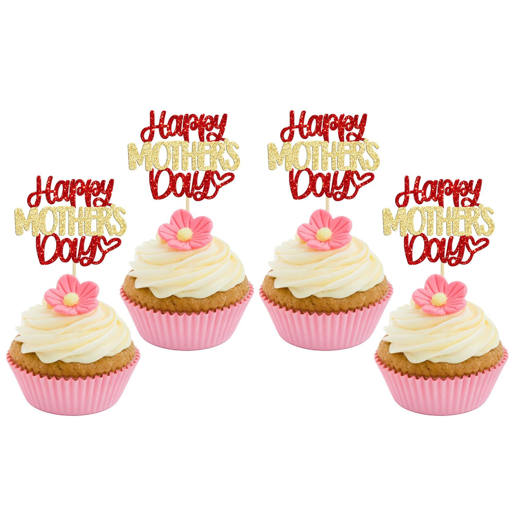 Ephlyn 24pcs Mother’s Day Cupcake Toppers Glitter Butterfly Pink Cake Decor