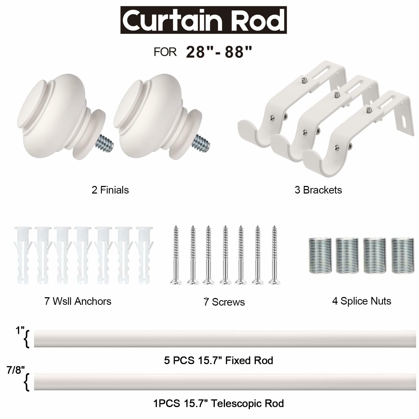 [Like New] SIMEWIN White Adjustable Curtain Rod 48-84in 1in Diameter Single Set