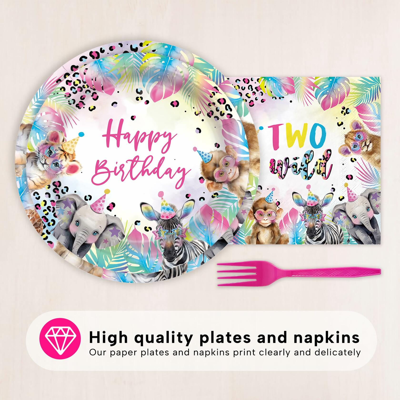 JINHUPANDER Two Wild Birthday Plates & Napkins Safari Animal 96pcs Set Serves 24