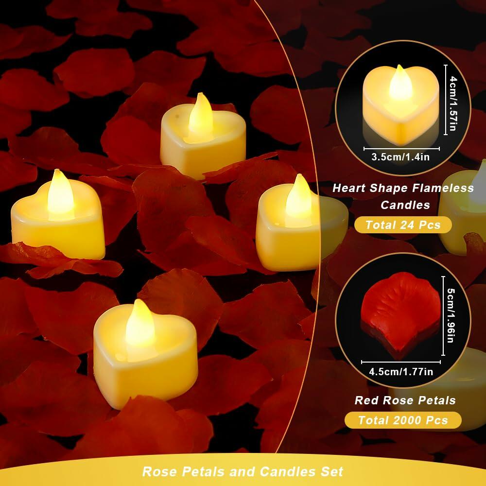 Ardusnpe 2000 Pcs Red Artificial Rose Petals with 24 White Flameless LED Candles