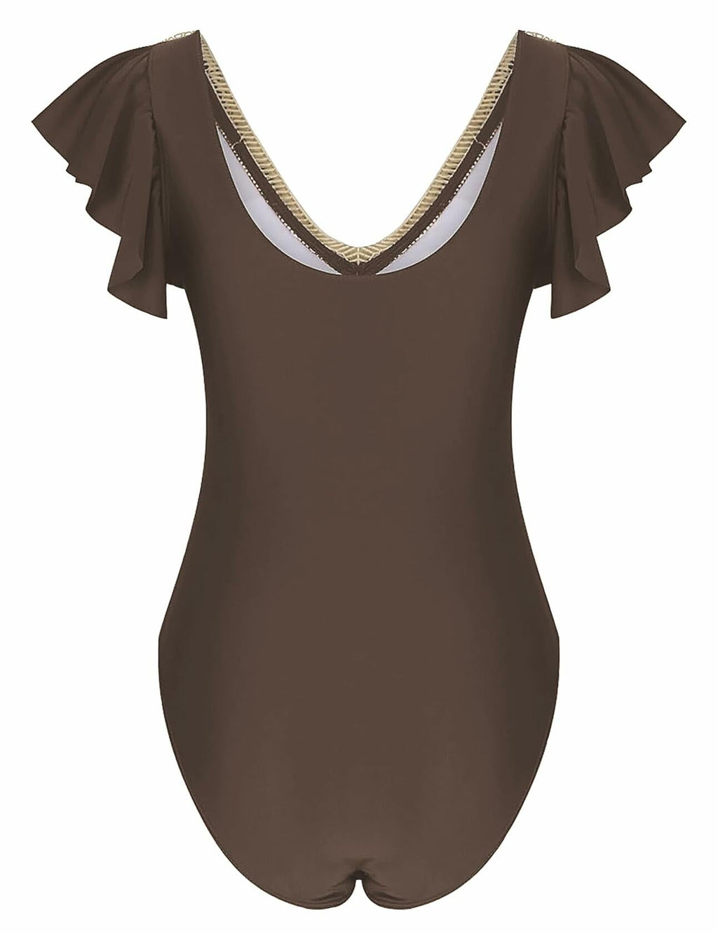 Buauty Womens One Piece Swimsuit Tummy Control Deep V Lace Ruffle Coffee Size XL