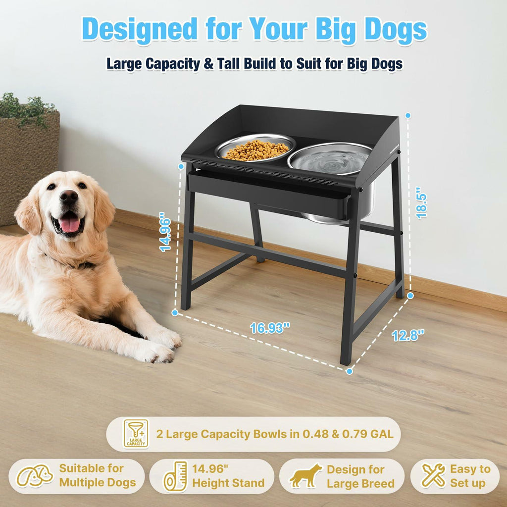 Bobbie & Laxi Elevated Dog Bowls Large Breed 15" Tall Metal Spill Proof Black