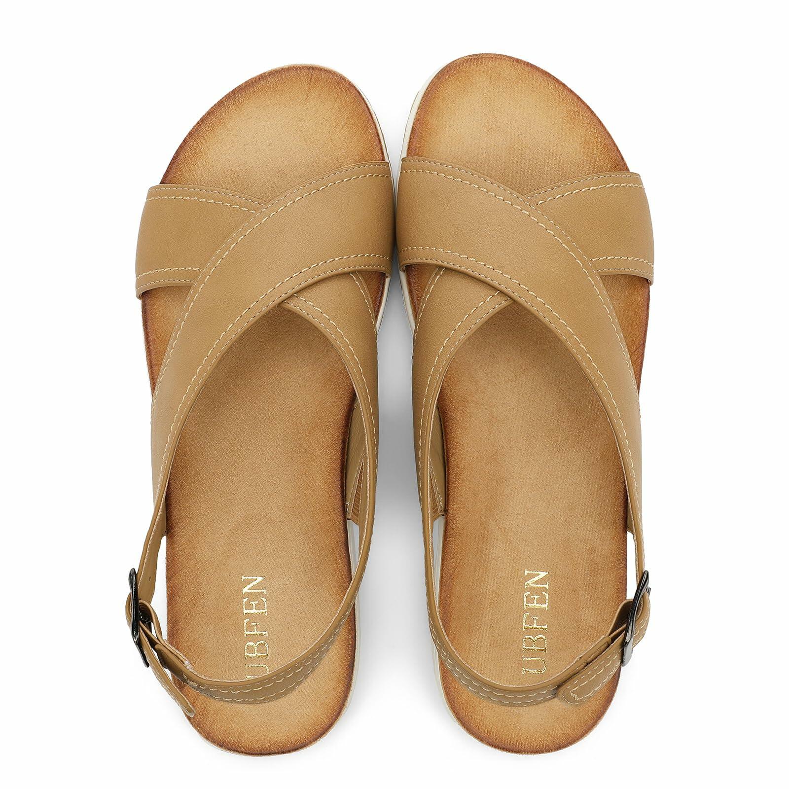 UBFEN Womens Flat Sandals Arch Support Adjustable Slingback Khaki Size 10