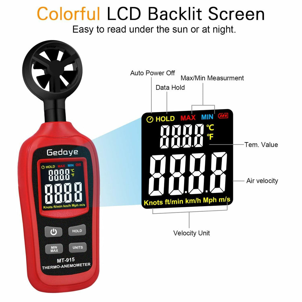 Gedaye Handheld Digital Anemometer Wind Speed Meter Temperature Max Min