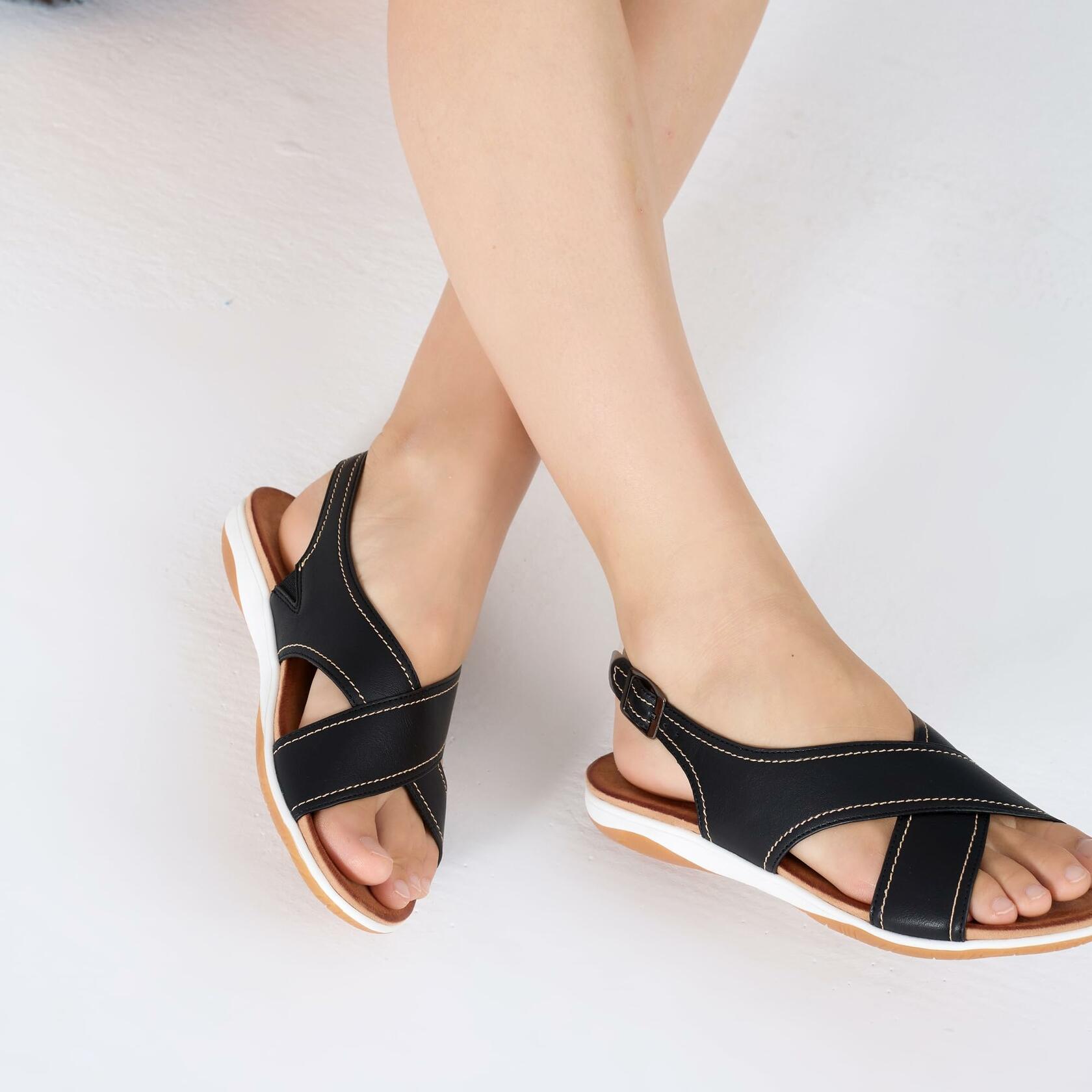 UBFEN Womens Flat Sandals Arch Support Slingback Black Size 9