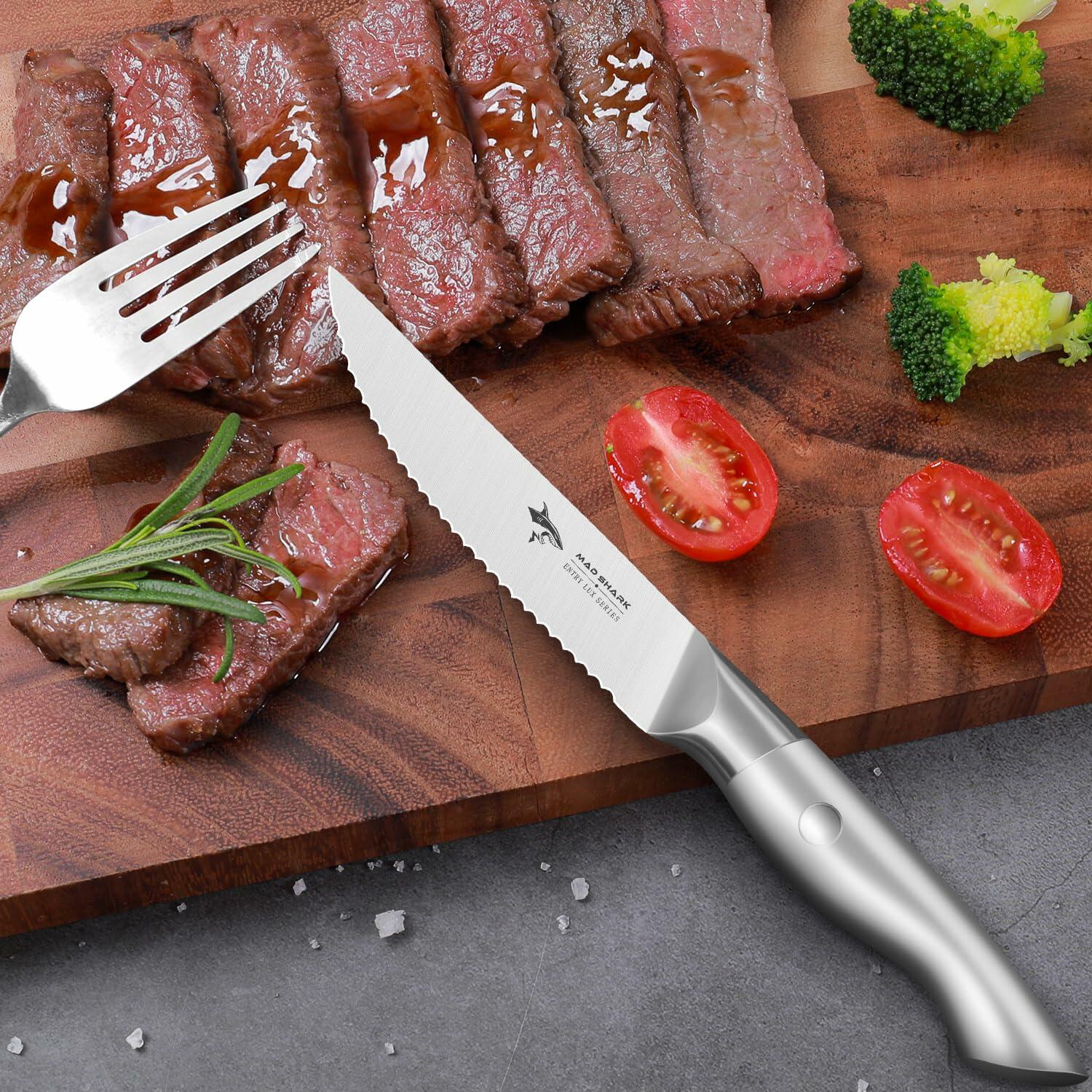 MAD SHARK Steak Knife Set 4 German Molybdenum Steel Razor Sharp Silver
