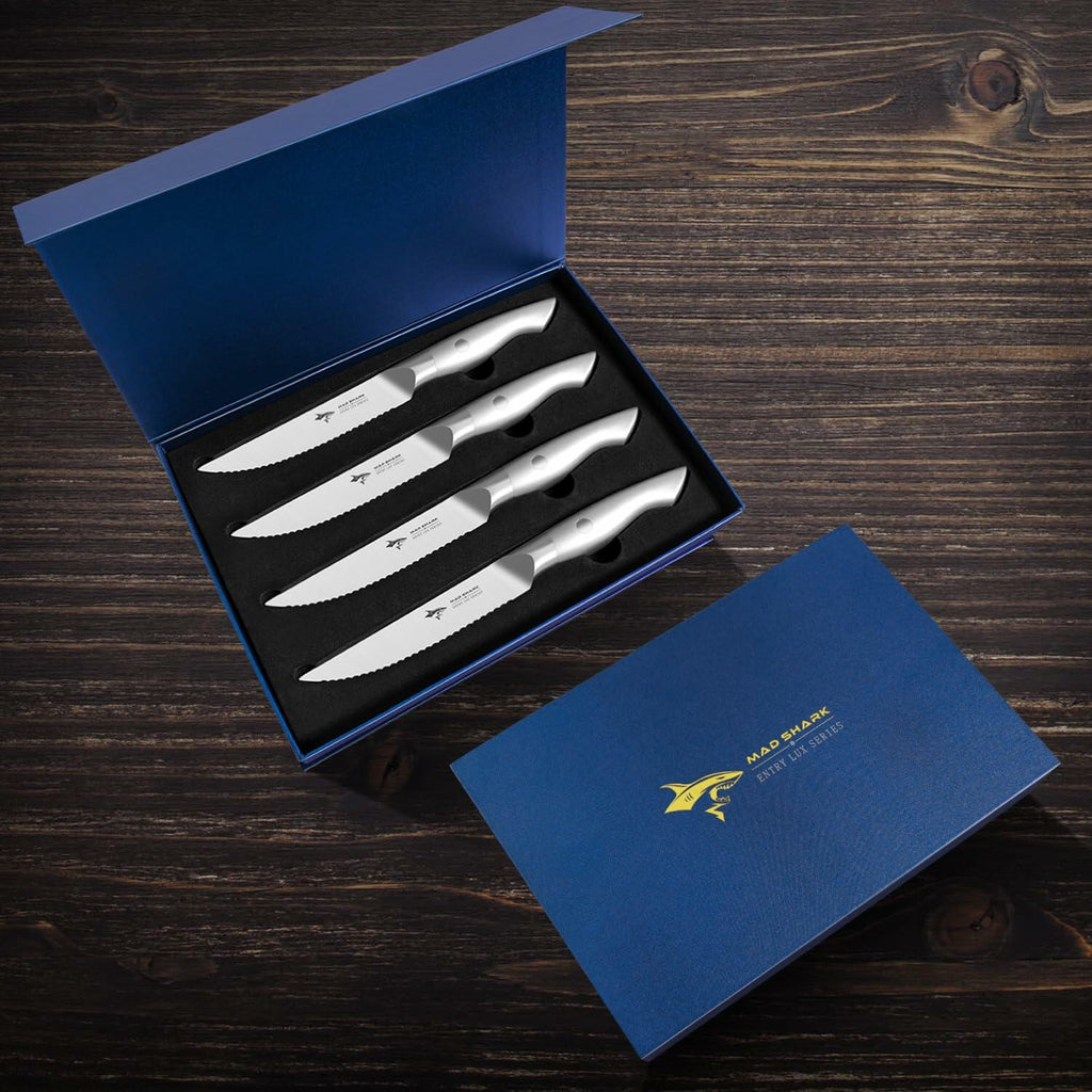 MAD SHARK Steak Knife Set 4 German Molybdenum Steel Razor Sharp Silver