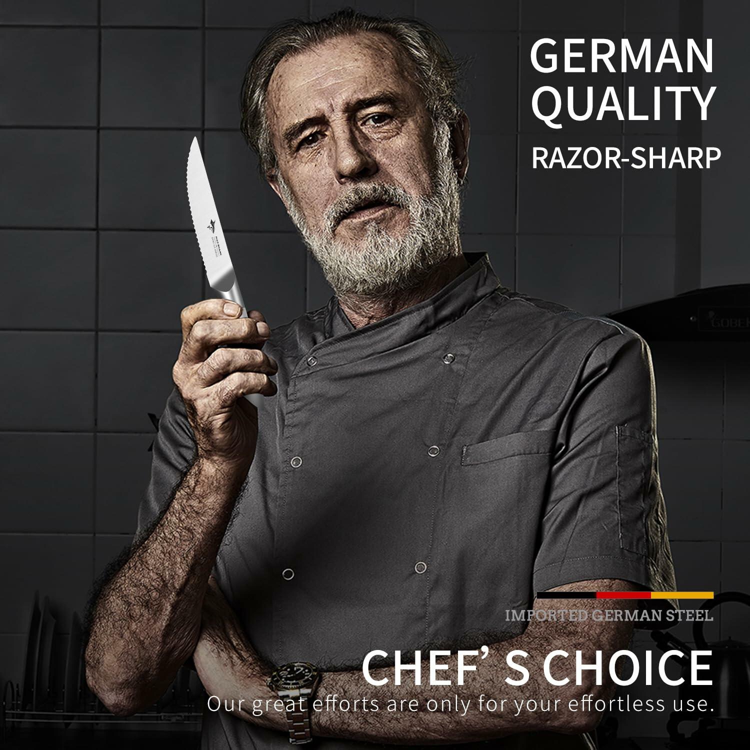 MAD SHARK Steak Knife Set 4 German Molybdenum Steel Razor Sharp Silver