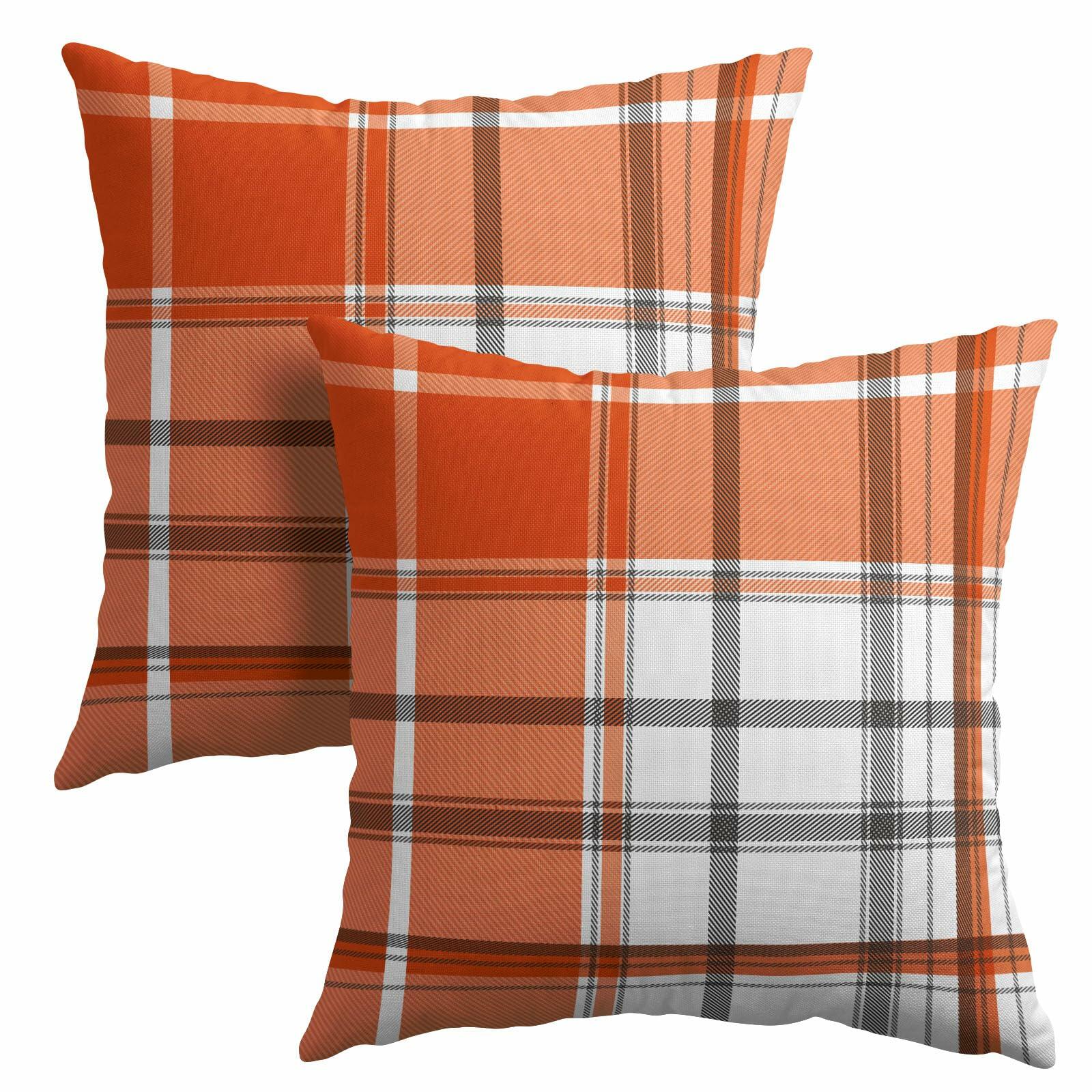 Kcozydecor Fall Pillow Covers 16x16in Orange White Plaid Set of 2