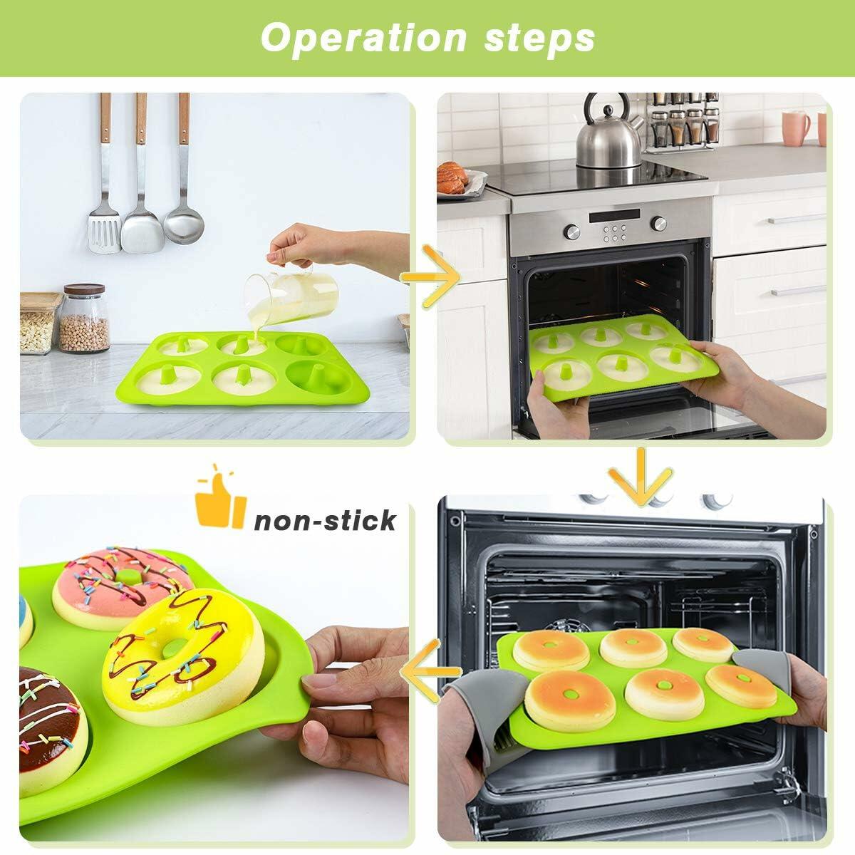QIKOKU 2 Pack Silicone 6-Cavity Donut Pan Mold Nonstick Blue Green
