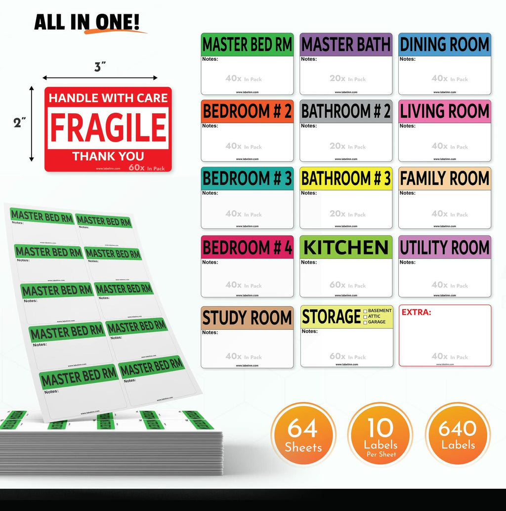 640 Pcs Moving Labels 2x3 Color Coded Fragile & Blank Packing Stickers