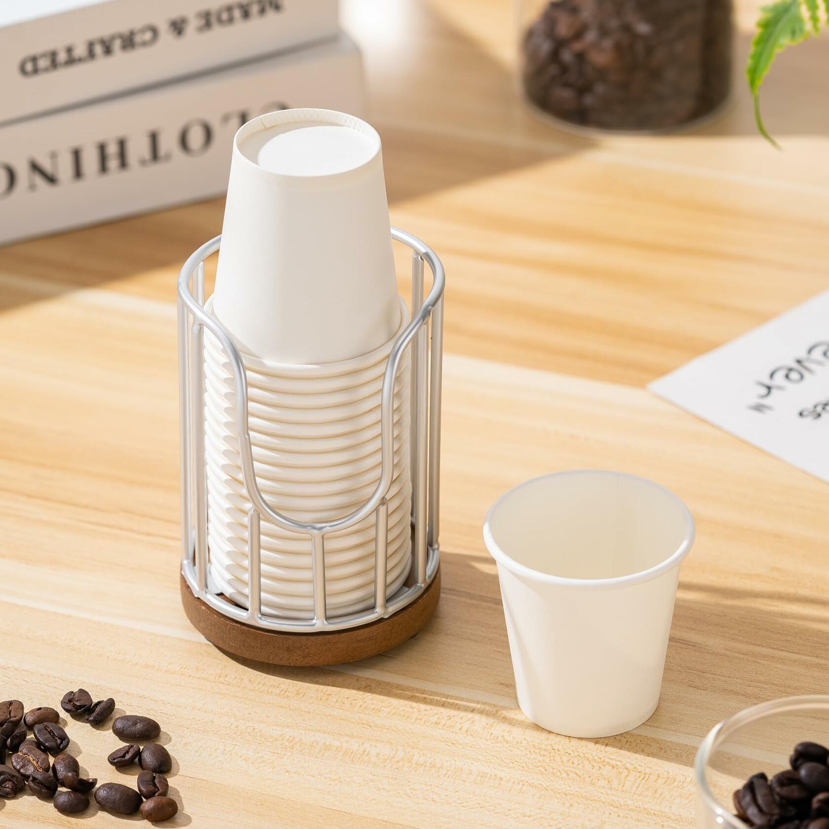 QTTCMY Bathroom Cup Dispenser with Acacia Wood Stand Silvery 1 Pack