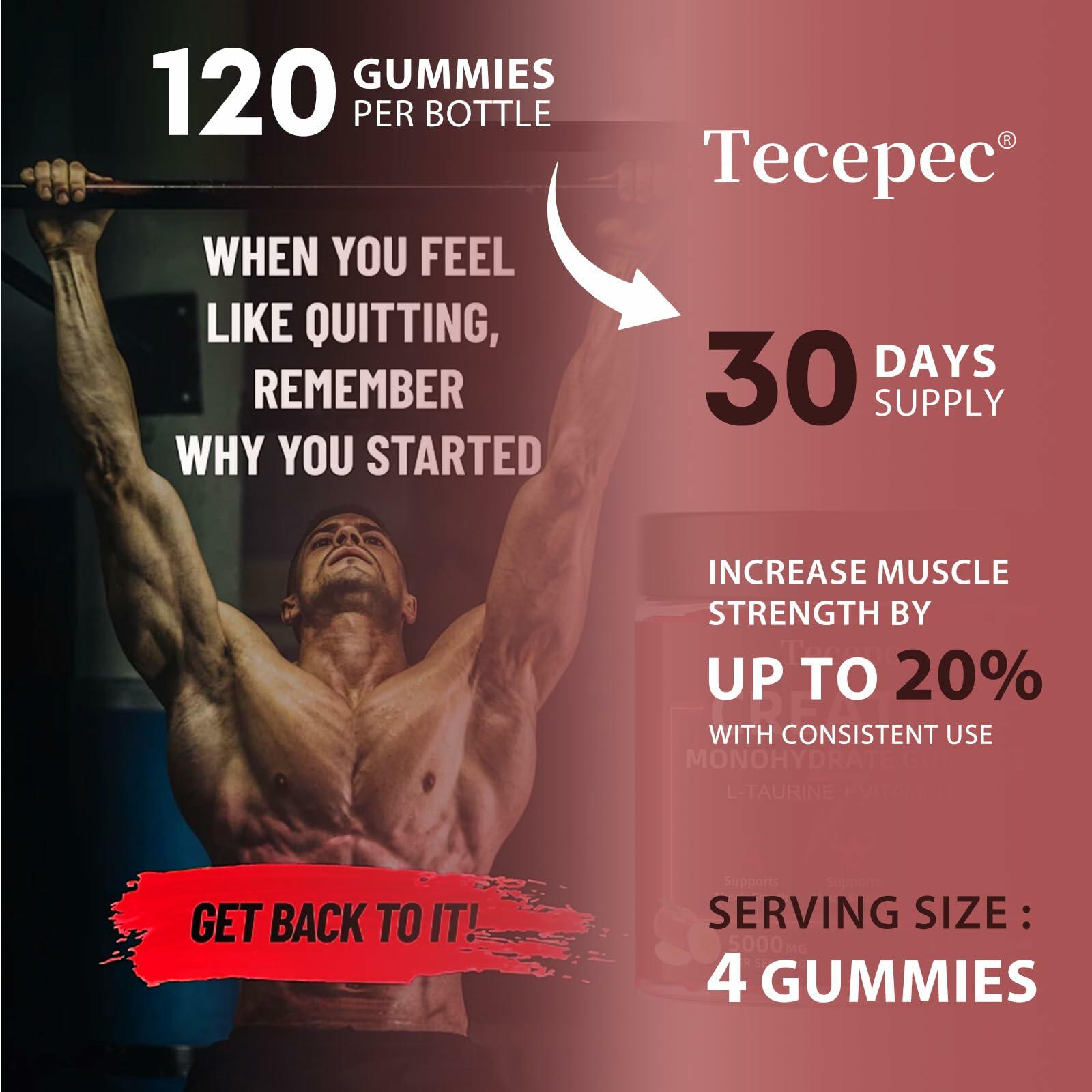 BestBy06/27 Tecepec Creatine Monohydrate Gummies 5000mg 120ct Apple B12 Taurine