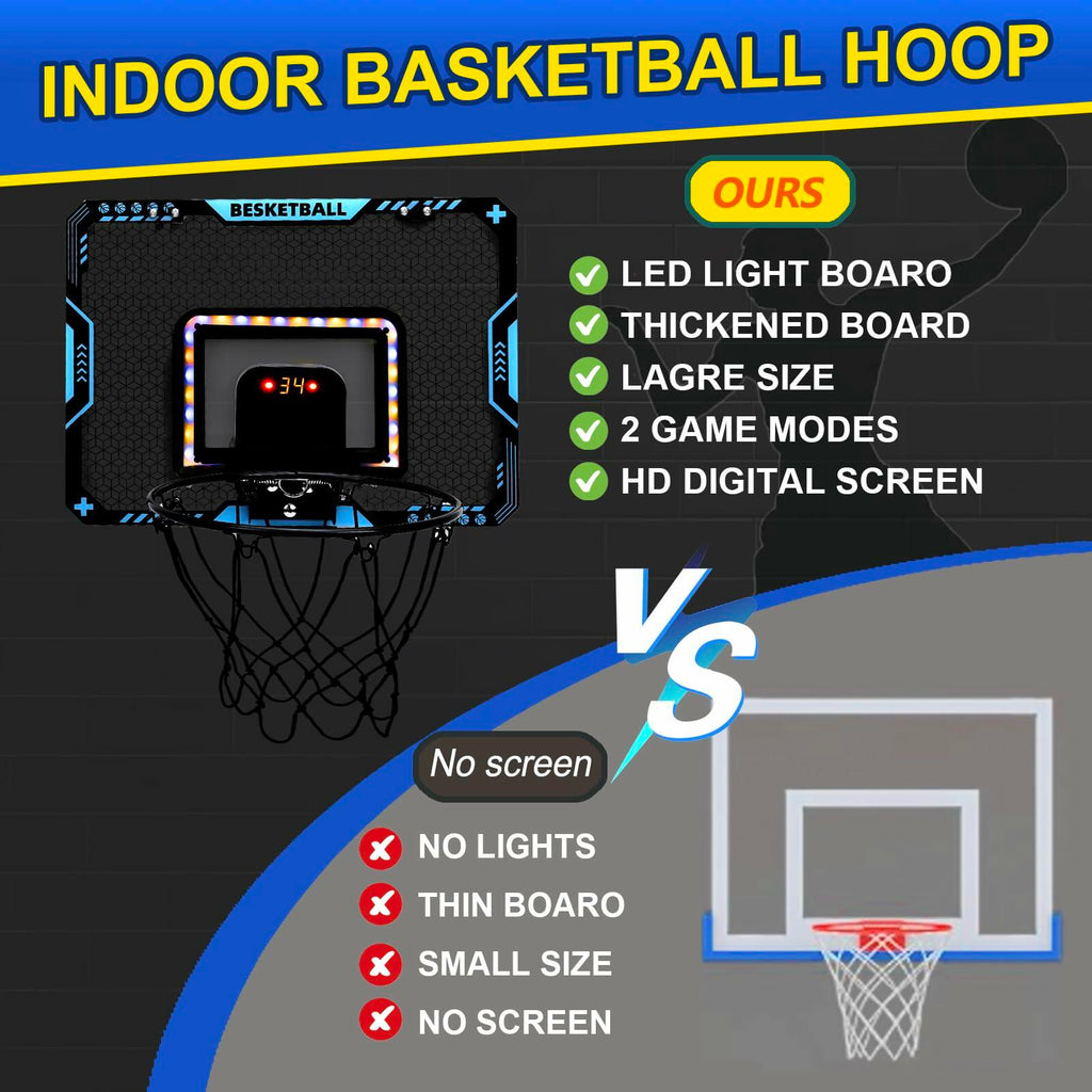 COUOMOXA Kids Basketball Hoop Set with LED Scoreboard Indoor Wall Mount Black