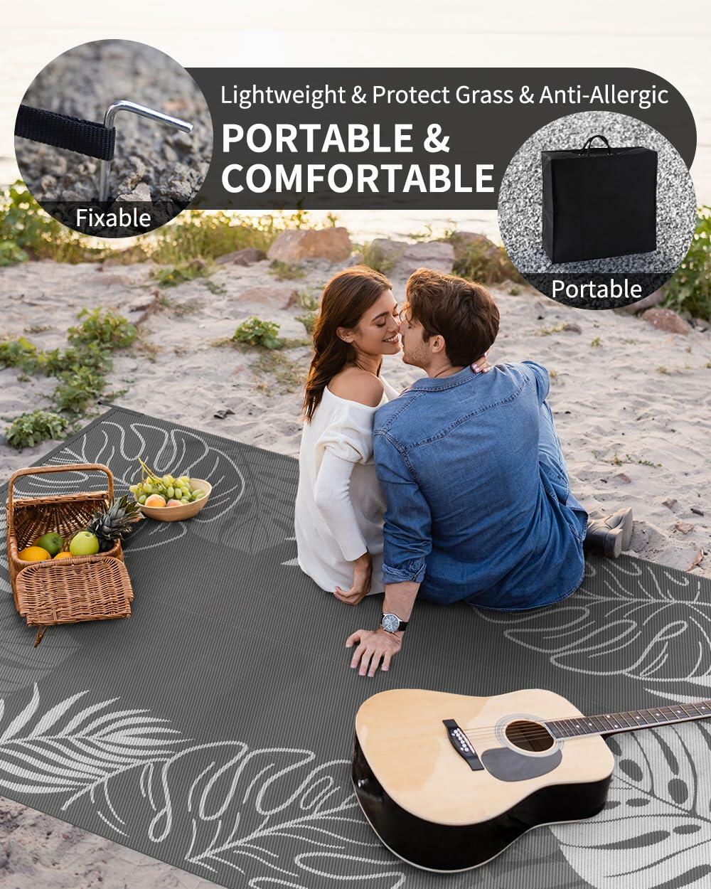 COCOER Tropical Outdoor Rug 6x9 LED Reversible Waterproof Patio Rug Greywhite
