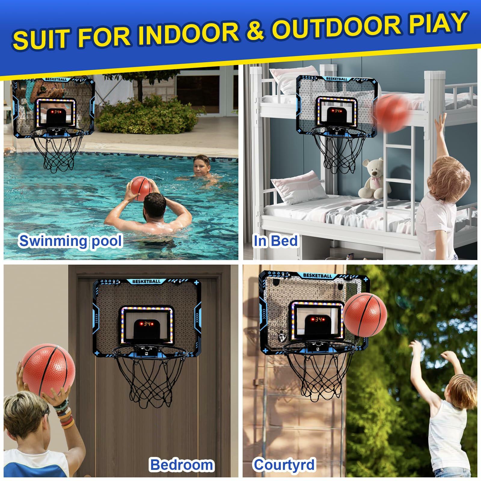 COUOMOXA Kids Basketball Hoop Set with LED Scoreboard Indoor Wall Mount Black
