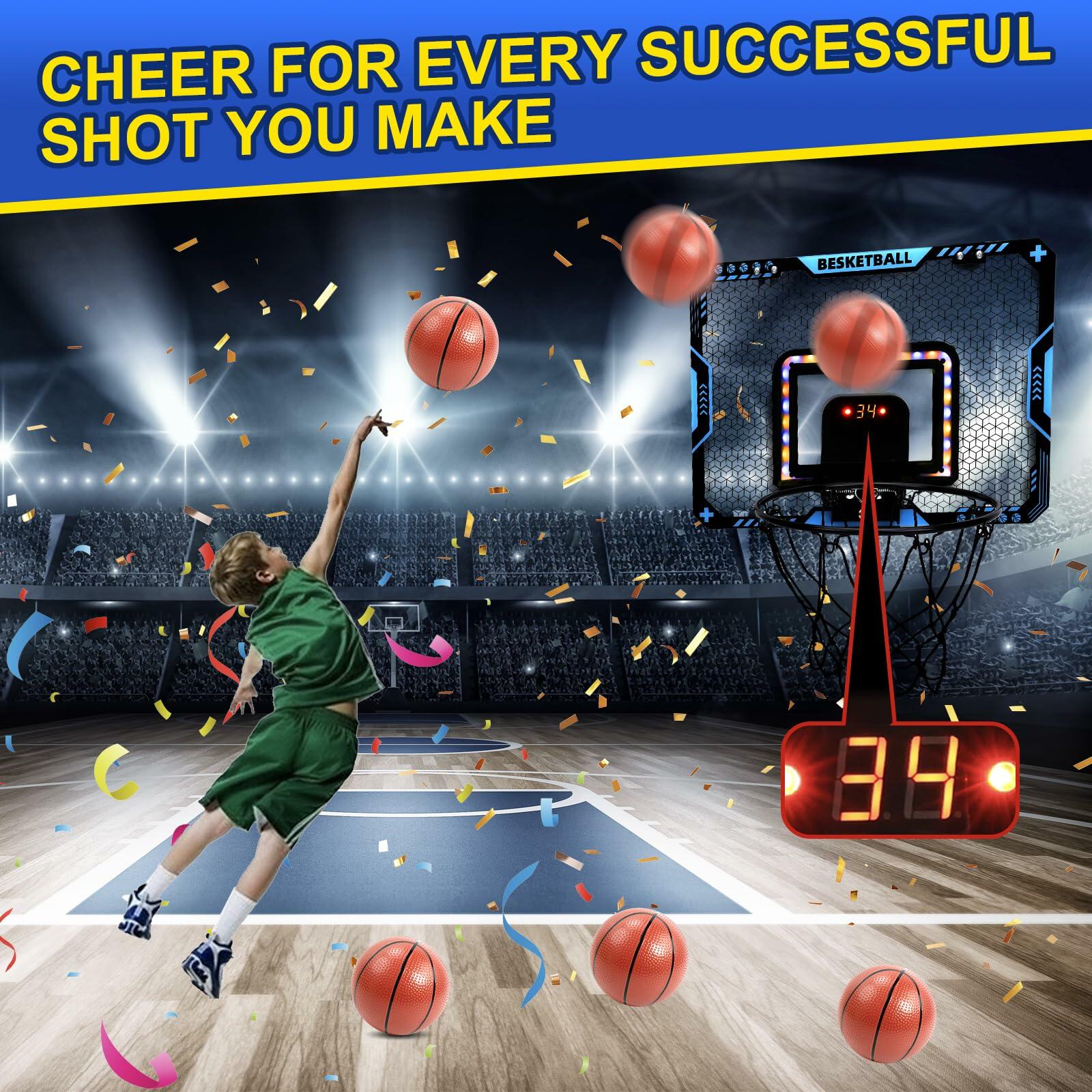 COUOMOXA Kids Basketball Hoop Set with LED Scoreboard Indoor Wall Mount Black