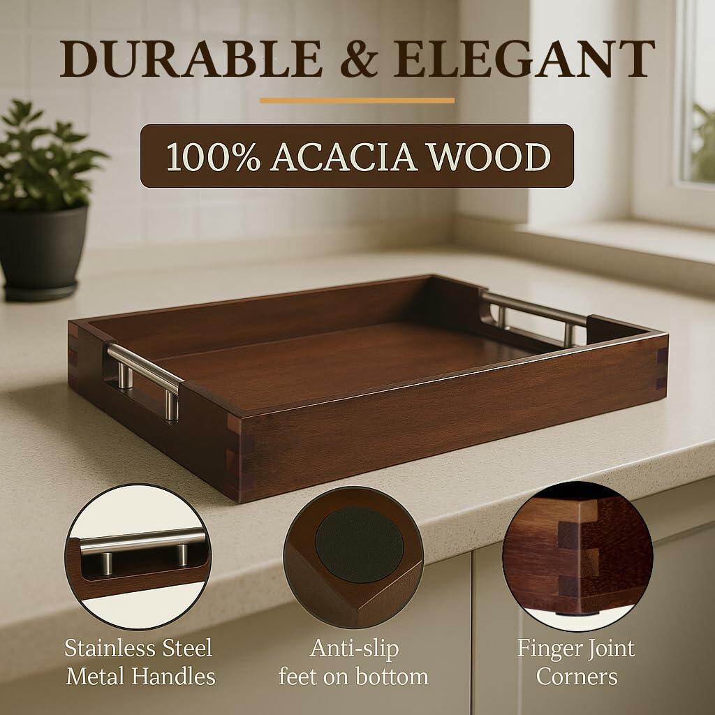 Swyftee Acacia Wood Serving Tray 17x12x2in Dark Brown with Silver Handles