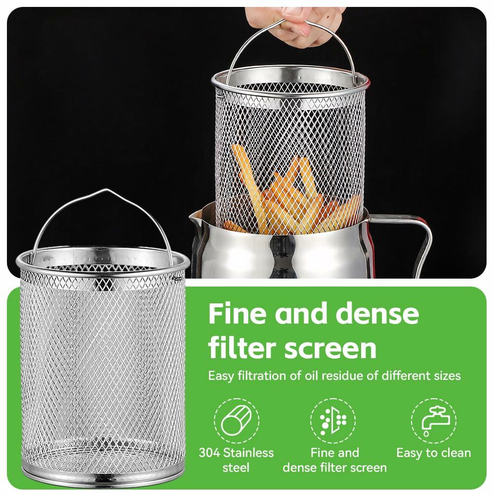 Jemey 2L Stainless Steel Oil Strainer Pot with Mesh Filter Tray & Lid Silver