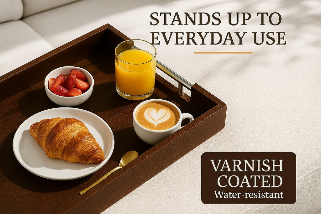 Swyftee Acacia Wood Serving Tray 17x12x2in Dark Brown with Silver Handles