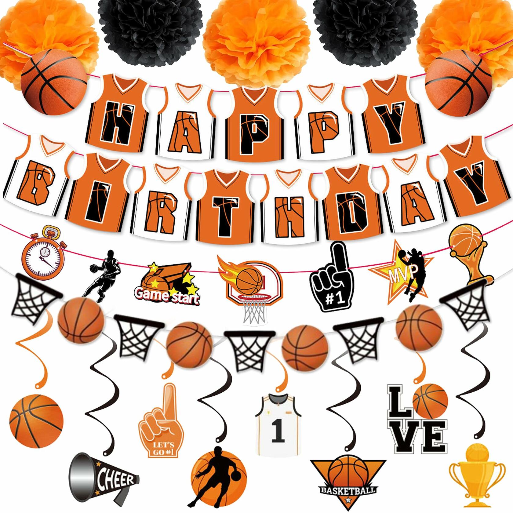 ChenjunCo Basketball Party Decorations Banner Garland Pom Poms Kids Birthday