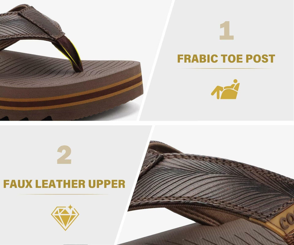 COFACE Mens Arch Support Leather Flip Flops Brown Size 11
