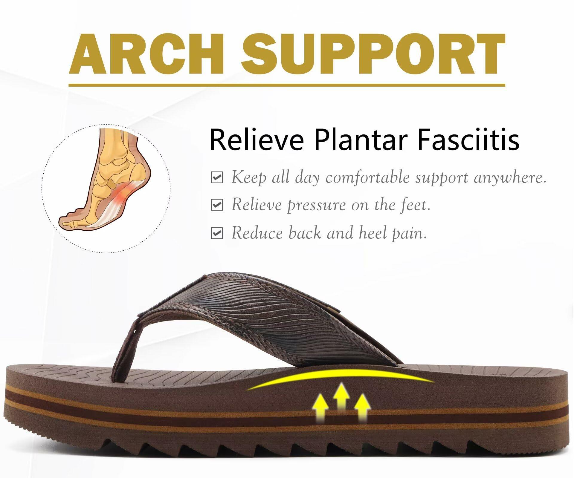 COFACE Mens Arch Support Leather Flip Flops Brown Size 11