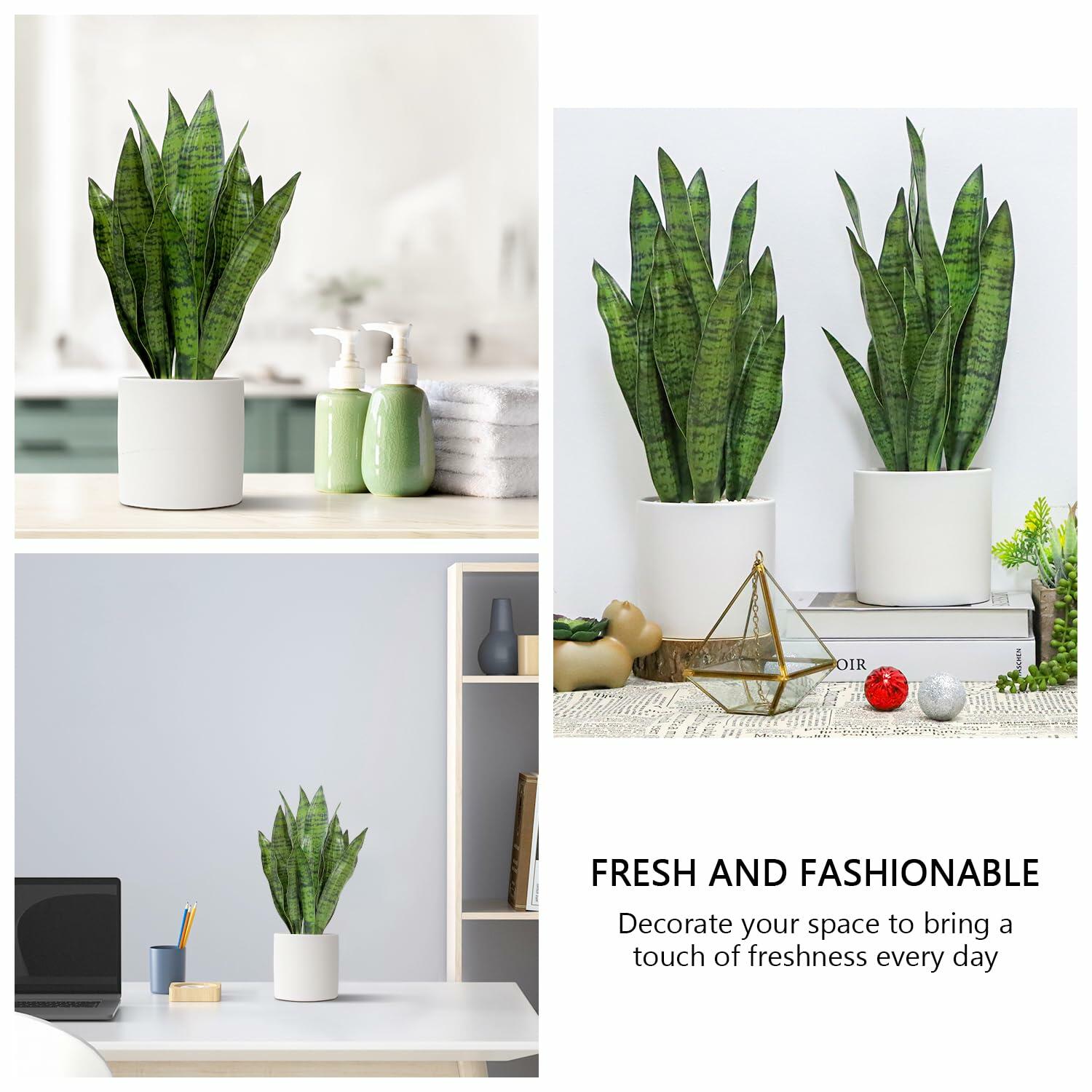 Anewsun Faux Snake Plant Set of 2 with White Ceramic Pots 13.78 Inch Green