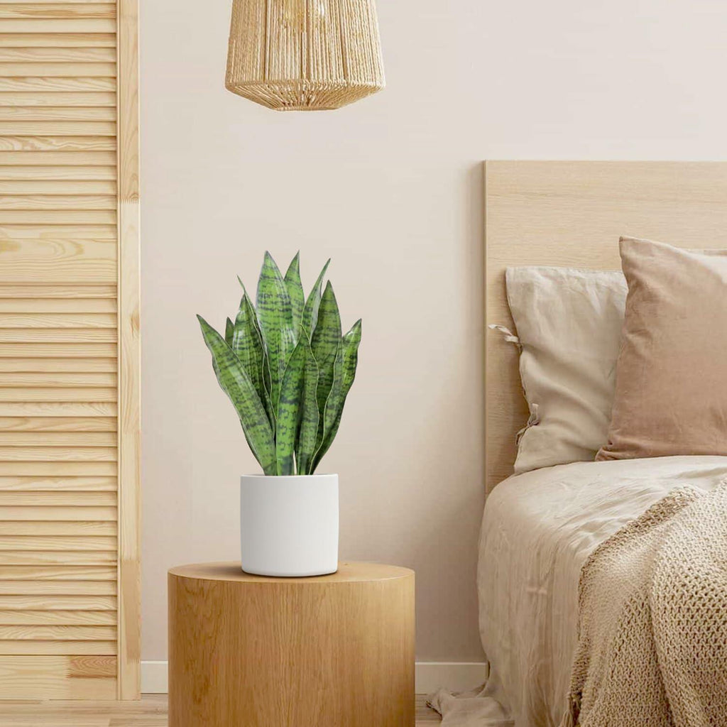 Anewsun Faux Snake Plant Set of 2 with White Ceramic Pots 13.78 Inch Green