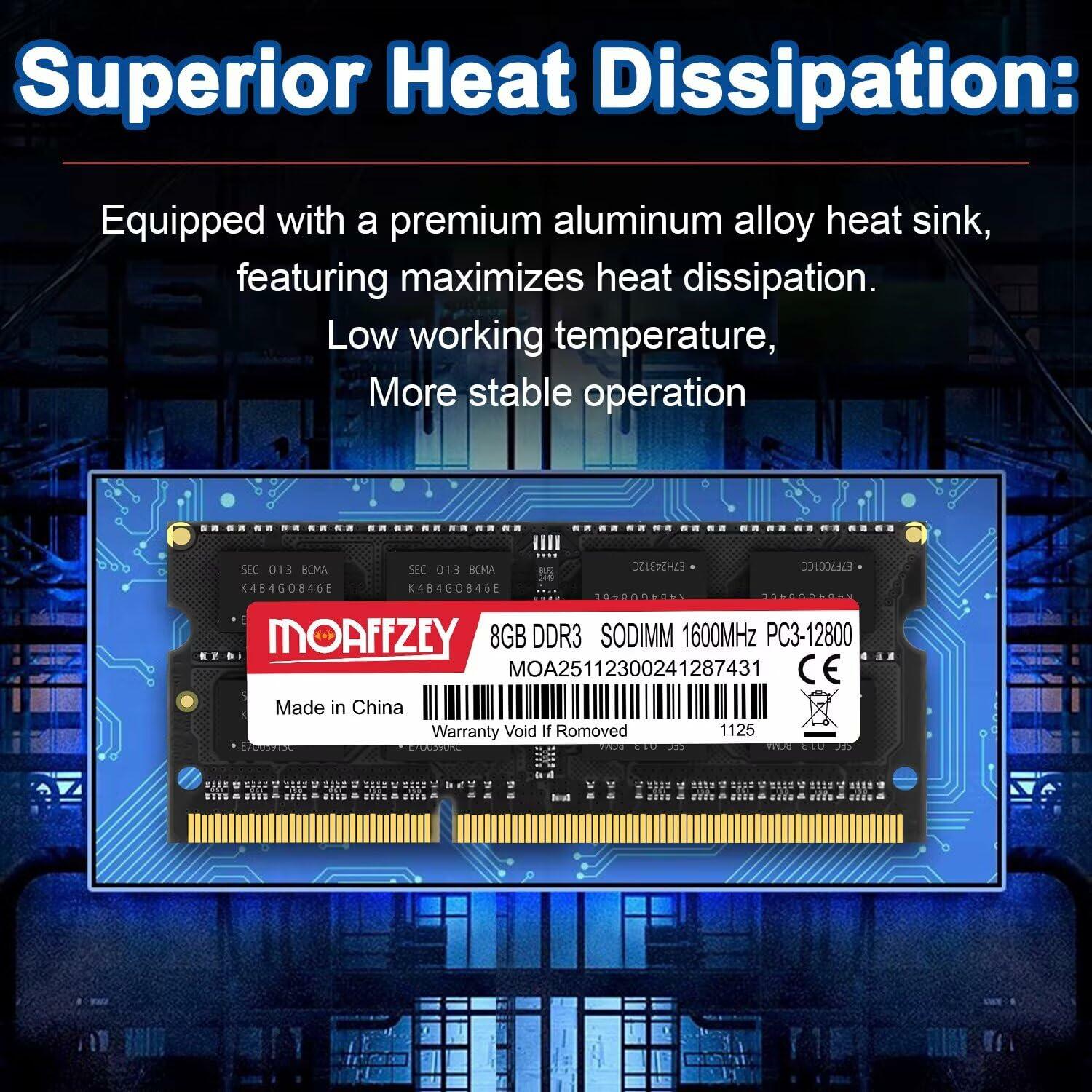 Moaffzey 8GB DDR3L 1600MHz PC3-12800 204-Pin SODIMM Laptop RAM Black