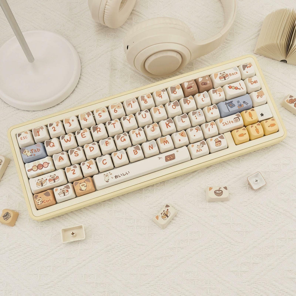 COOMICKEY PBT Cat Keycaps 142-Key Set Kawaii Dye-Sub for MX Mechanical Keyboards