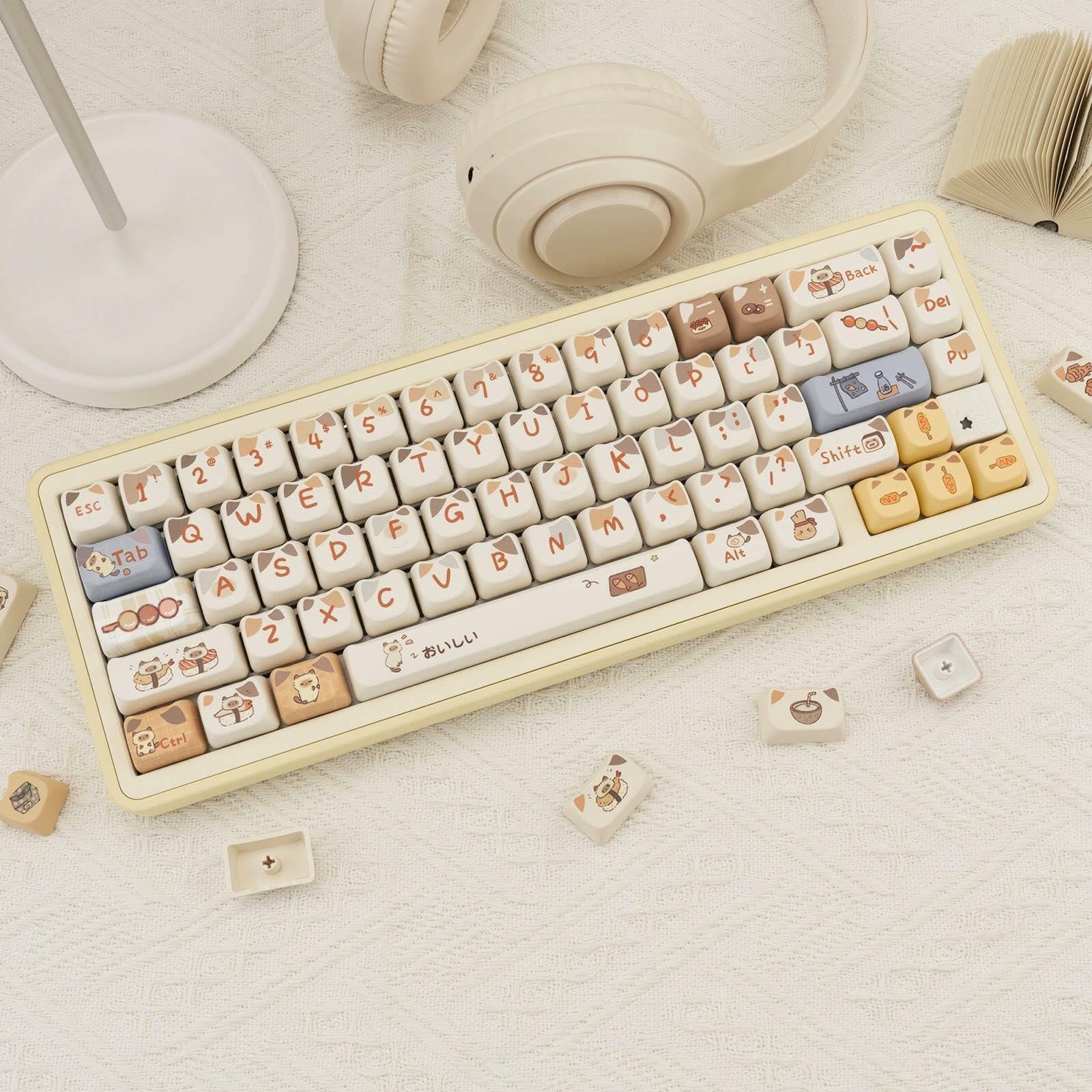 COOMICKEY PBT Cat Keycaps 142-Key Set Kawaii Dye-Sub for MX Mechanical Keyboards
